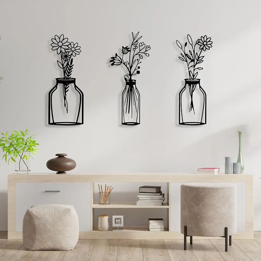 Fayholy 3 Pieces Spring Flowers Metal Wall Art, Flowers in Vase Metal Wall Decor, Living Room Wall Art, Floral Metal Wall Art, Metal Wall Decor, Wall ...